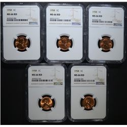 5 1958 LINCOLN CENTS NGC MS-66 RD