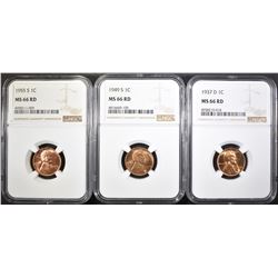 1937-D, 49-S, 55-S LINCOLN CENTS, NGC MS-66 RED