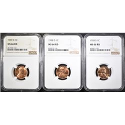 1955-S, 58-D & 59-D LINCOLN CENTS, NGC MS-66 RED