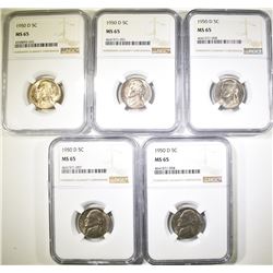5 - 1950 D JEFFERSON NICKELS NGC MS65