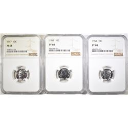 3-1957 ROOSEVELT DIMES, NGC PF-68