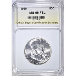 1958 FRANKLIN HALF DOLLAR, OBCS SUPERB GEM BU FBL