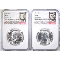 2-1964 KENNEDY HALF DOLLARS, NGC MS-65