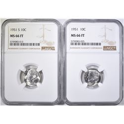 1951-P&S ROOSEVELT DIMES, NGC MS-66 FT