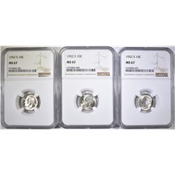 3-1952-S ROOSEVELT DIMES, NGC MS-67