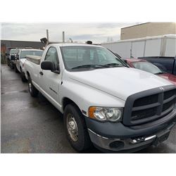 2004 DODGE RAM 2500, WHITE, 2DR TRUCK, GAS, AUTOMATIC, VIN#3D7KA26D14G223053, 202,855KMS, RD,AC,TW,