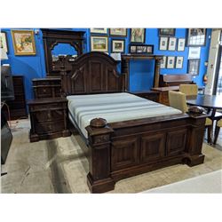 4 PIECE DARK WOOD BEDROOM SUITE INCLUDING BED FRAME *SOME DAMAGE*, PAIR OF NIGHTSTANDS AND VANITY