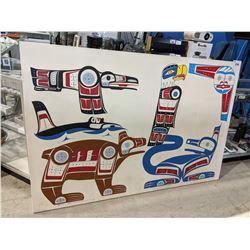 LARGE ABORIGINAL CANVAS PAINTING BY BEN HOLISTIE HAB 2007 WAGLISLA, BC "RAVEN, KILLER WHALE, BEAR,