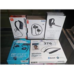 5 PAIRS OF ASSORTED WIRELESS HEADPHONES AND EARPIECES INCLUDING AKG, JBL, JLAB, PHILIPS AND