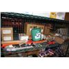 Image 1 : SHELF OF ASSORTED TOOLS INCLUDING PAINT BRUSHES, BARREL OPENER, HAND SEAMERS AND MORE