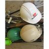 Image 2 : LOT OF MISC ITEMS ( 3 X HARD HATS, LEAF BLOWER, UMBRELLA, CRUTCHES, METAL SHOVEL, ETC)