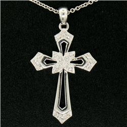 14k White Gold 0.15 ctw Round Pave Diamond Open Work Cross Pendant w/ 18" Chain