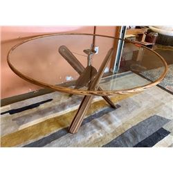 Modern Round Tripod Wood & Glass Dining Table, 56” Dia, 31”H