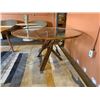 Image 2 : Modern Round Tripod Wood & Glass Dining Table, 56” Dia, 31”H