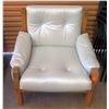 Image 1 : Lt. Grey Leather Armchair w/ Wood Frame & Leather Accent (seat 32"W x 17"H)