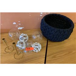 Misc. Clear Glass Balls (some in netting) & Black Basket