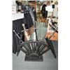 Image 1 : Black Half Circle Sword Stand [ with some damage ] c/w Five Reproduction Swords [ two have scabbards
