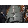 Image 2 : Black Half Circle Sword Stand [ with some damage ] c/w Five Reproduction Swords [ two have scabbards