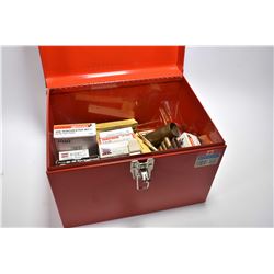 Red Metal Tool Box : Variety of Ammo : .303 Brit Cal Ammo - .45 Auto - .300 Win Mag - 6.5 x 55 - .44