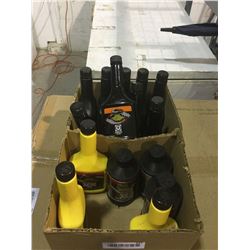 Box of Assorted Automotive Supplies (Brake fluid, line anti-freeze, transmission)