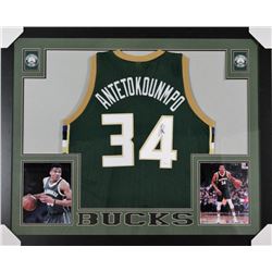 Giannis Antetokounmpo Signed Milwaukee Bucks 35x43 Custom Framed Jersey (JSA COA)