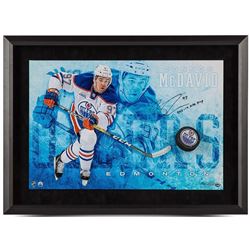 Connor McDavid Signed Edmonton Oilers "Commanding" 16x24 Custom Framed Hockey Puck Break Through Dis
