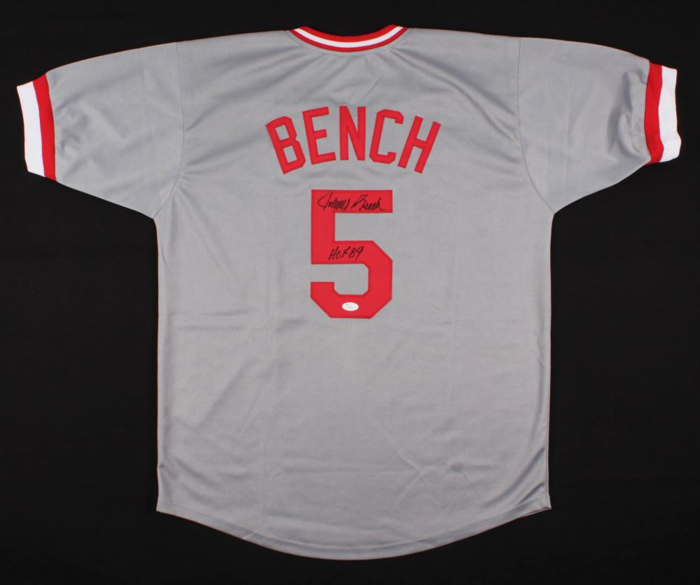 Johnny Bench Signed Cincinnati Reds Jersey Inscribed Hof 89 Jsa Coa