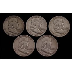 Lot of (5) Franklin Silver Half-Dollars with 1951-D, 1952-D, 1953-D, 1954-D,  1957-D