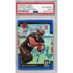 Myles Garrett Signed 2017 Donruss Optic Blue #106 (PSA Encapsulated)