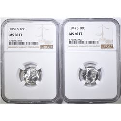 1947-S & 51-S ROOSEVELT DIMES, NGC MS-66 FT