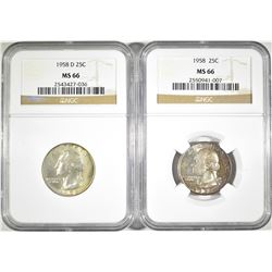 1958-P&D WASHINGTON QUARTERS, NGC MS-66 COLOR
