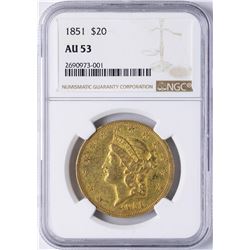 1851 $20 Liberty Head Double Eagle Gold Coin NGC AU53