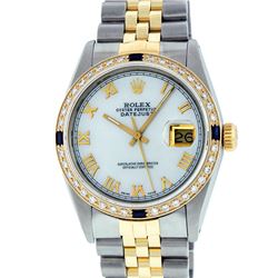 Rolex Mens Two Tone 14K MOP Diamond & Sapphire 36MM Datejust Wristwatch