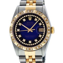 Rolex Mens Two Tone 14K Blue Vignette String Pyramid Diamond Datejust Watch