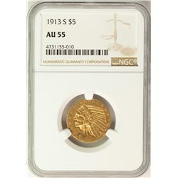 1913-S $5 Indian Head Half Eagle Gold Coin NGC AU55