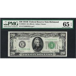 1934B $20 Federal Reserve Note Richmond Fr.2056-E PMG Gem Uncirculated 65EPQ