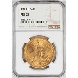 1911-S $20 St. Gaudens Double Eagle Gold Coin NGC MS63