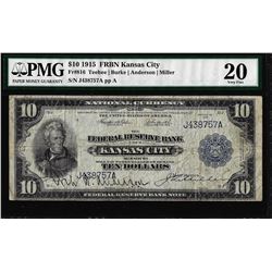 1915 $10 Federal Reserve Bank Note Kansas City Fr.816 PMG Very Fine 20