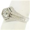 Image 5 : Art Deco Etched 18k White Gold .85 ctw European Cut Diamond Solitaire Ring