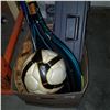 Image 2 : SOCCER BALL, BASEBALL MIT, VARIOUS RAQUETS, AND TACKLE BOX