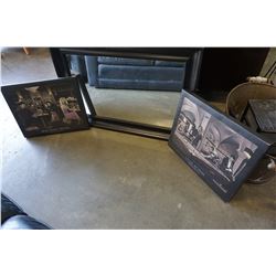 BLACK DECORATIVE MIRROR AND 2 CANVAS PRINTS OF CELEBRITYS