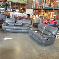 BRAND NEW GENUINE GREY STITCHED LEATHER DOUBLE RECLINING SOFA WITH FLIP DOWN CONSOLE AND LOVESEAT