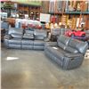 Image 1 : BRAND NEW GENUINE GREY STITCHED LEATHER DOUBLE RECLINING SOFA WITH FLIP DOWN CONSOLE AND LOVESEAT