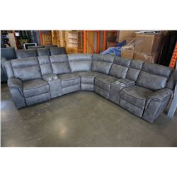 BRAND NEW MODERN GREY STITCHED MICROSUEDE 3 PIECE SECTIONAL SOFA, WITH 3 POWER RECLINERS, 2 CONSOLES