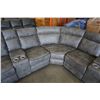 Image 3 : BRAND NEW MODERN GREY STITCHED MICROSUEDE 3 PIECE SECTIONAL SOFA, WITH 3 POWER RECLINERS, 2 CONSOLES