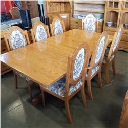 DOUBLE PEDESTAL OAK TABLE W/ 7 CHAIRS AND LEAF