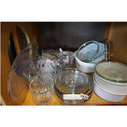 SHELF LOT OF PYREX, CORNINGWARE, AND GLASSWARE