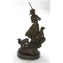 Shepherd Girl Woman With Two Sheep Bronze Statue