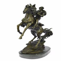 Western Cowboy Horse Bronze Sculpture on Marble Base Statue