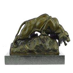 Bronze Mountain Lion Sculpture on Marble Base Statue